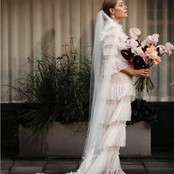 fitted lace wedding dress By Malina carmine long sleeve lace maxi dress sunset – A Piece Lux main image 1